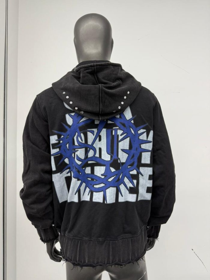Custom Distressed Embroidery Zipper Heavyweight Rhinestone Hoodie - 图片 6