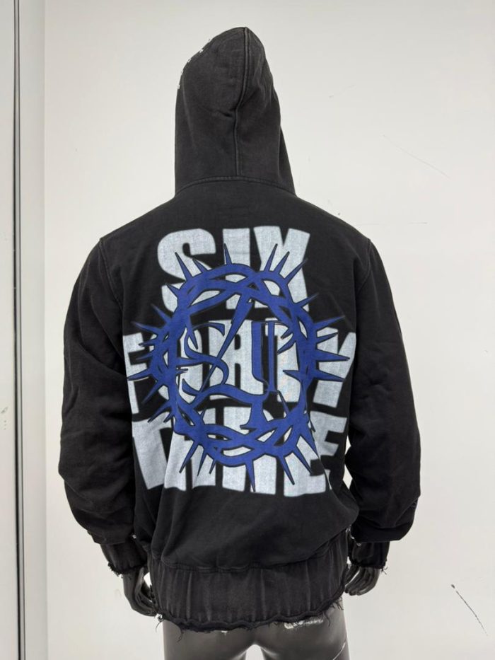 Custom Distressed Embroidery Zipper Heavyweight Rhinestone Hoodie - 图片 5