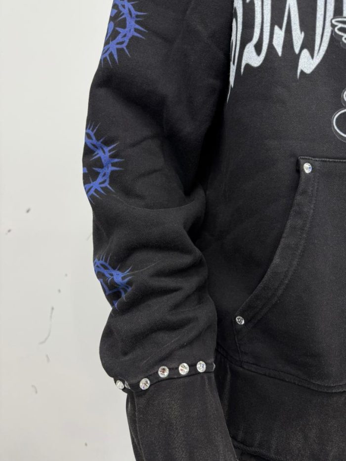 Custom Distressed Embroidery Zipper Heavyweight Rhinestone Hoodie - 图片 4