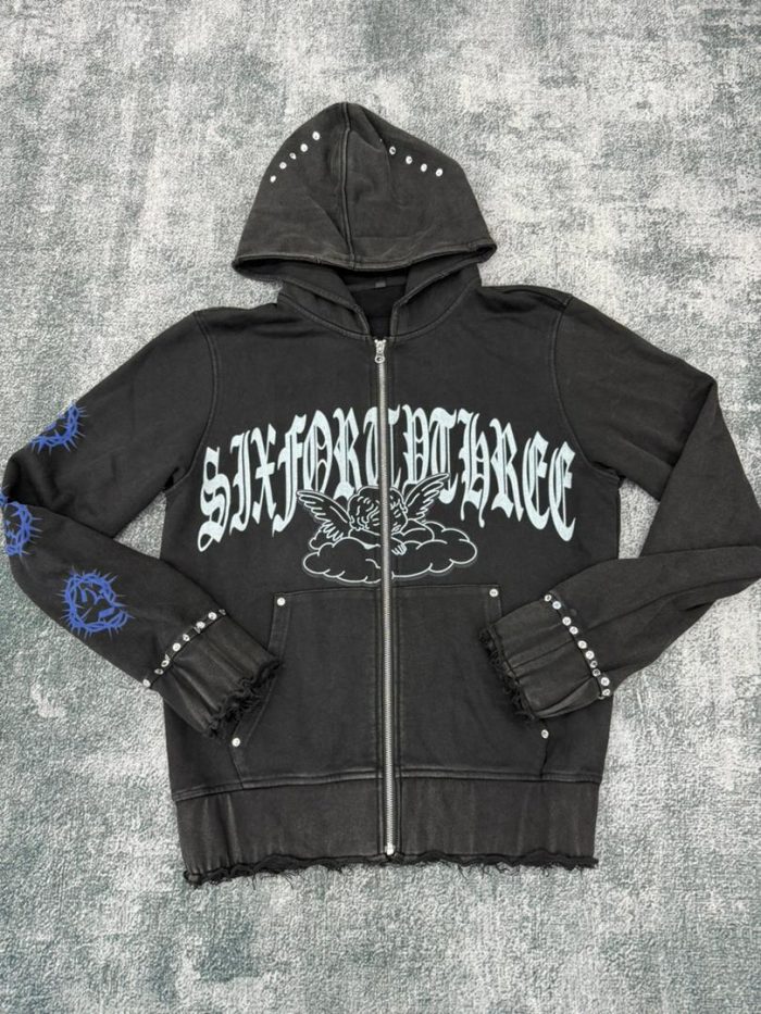 Custom Distressed Embroidery Zipper Heavyweight Rhinestone Hoodie - 图片 3