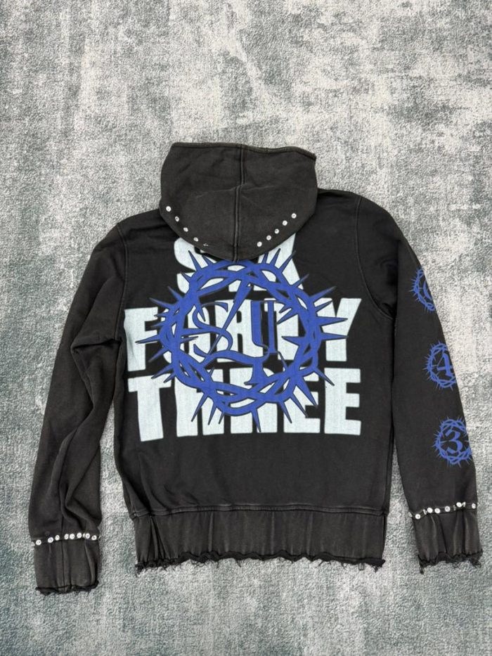 Custom Distressed Embroidery Zipper Heavyweight Rhinestone Hoodie - 图片 7