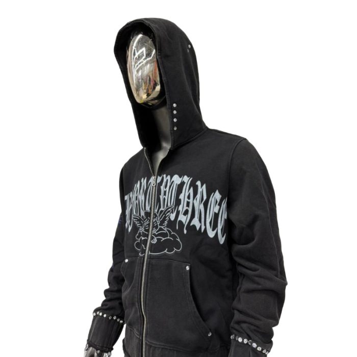 Custom Distressed Embroidery Zipper Heavyweight Rhinestone Hoodie